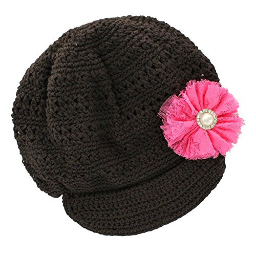 My Lello Little Girl's Newsboy Crochet Beanie Hat with Vintage Lace/Tulle Flower - color: Brown/Hot Pink, size: One Size