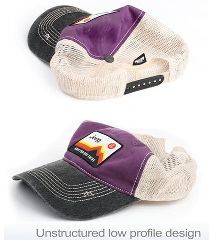 Jeep Have Fun Out There Patch Garment Washed Trucker Hat Unstructured for Men & Women - Adjustable Snapback Baseball Cap - color: Purple