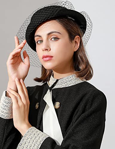 ORIDOOR Women's British Style Pillbox Church Derby Wedding Winter Vintage Fascinator Beret 100% Wool Felt Veil Hat - color: 015-black