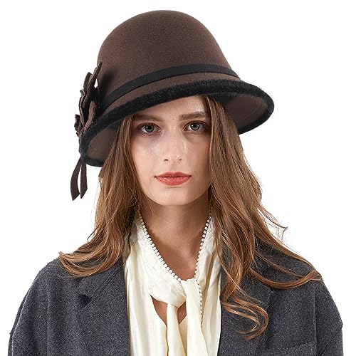 Ladies Wool Felt Bucket Hat Women Vintage Cloche Fedora Winter Church Bowler Hat with Bow - color: Brown Flower