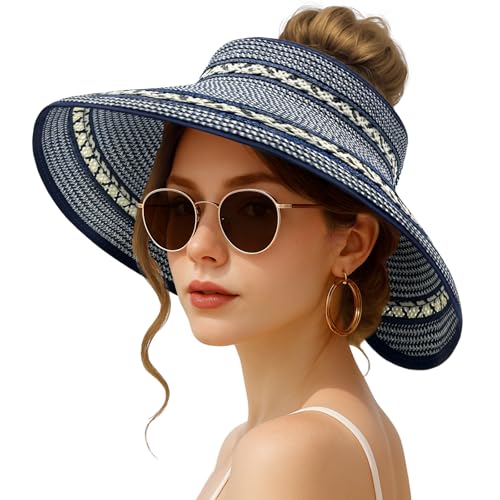 Sun Hats for Women Wide Brim Straw Sun Visors Ponytail Hat - color: Blue Mix
