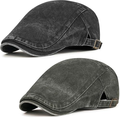 Initlove Mens Newsboy Cap Washed Beret Ivy Hat Flat Hats for Cabbie Driving - color: Black + Green