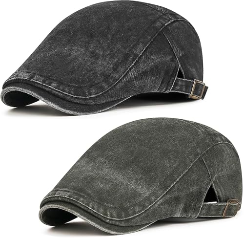 Initlove Mens Newsboy Cap Washed Beret Ivy Hat Flat Hats for Cabbie Driving - color: Black + Green
