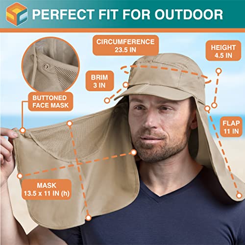 SUN CUBE Fishing Sun Hat with Neck Flap & Face Cover, Wide Brim UPF50+ Cap - color: Tan