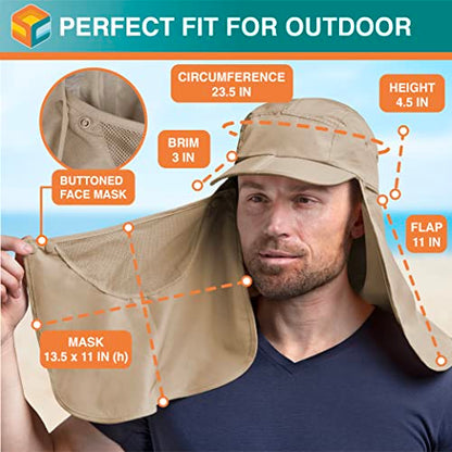 SUN CUBE Fishing Sun Hat with Neck Flap & Face Cover, Wide Brim UPF50+ Cap - color: Tan