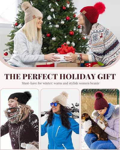 Alepo Womens Winter Beanie Hat, Warm Fleece Lined Knitted Soft Ski Cuff Cap with Pom Pom - color: Beige