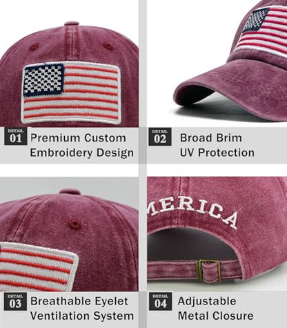 2-Pack USA Flag Hats for Men Baseball American Flag Hats for Men USA Cap USA Tactical Washed for Women - color: Red+nany