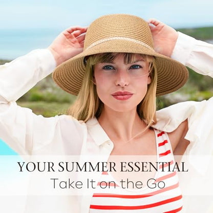 Beach Sun Straw Hats for Women, UPF 50+ UV Sun Protection Summer Straw Hat - color: Khaki - Hemp Rope Buckle