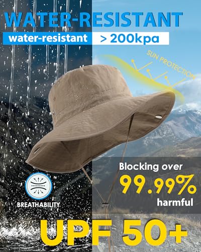 Wide Brim Waterproof Bucket Rain Hat for Women Men UPF50+ Cowboy Sun Hat - color: Khaki