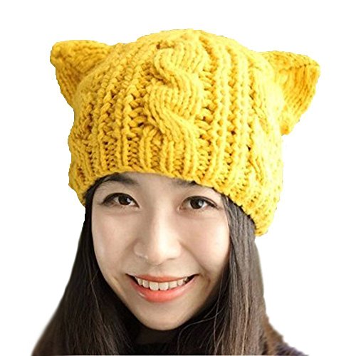 Women Winter Wool Baggy Beret Beanie Cute Devil Cat Ear Crochet Braided Knit Hat Ski Cap - color: Yellow