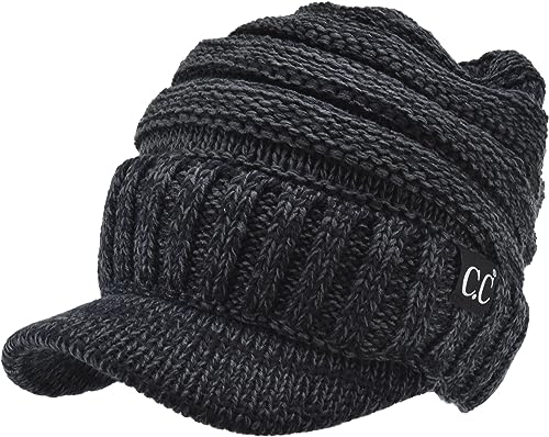 C.C Trendy Warm Oversized Chunky Soft Oversized Ribbed Slouchy Knit Hat with Visor Brim - color: Black / Charcoal
