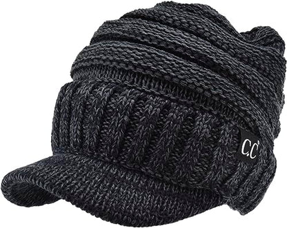 C.C Trendy Warm Oversized Chunky Soft Oversized Ribbed Slouchy Knit Hat with Visor Brim - color: Black / Charcoal