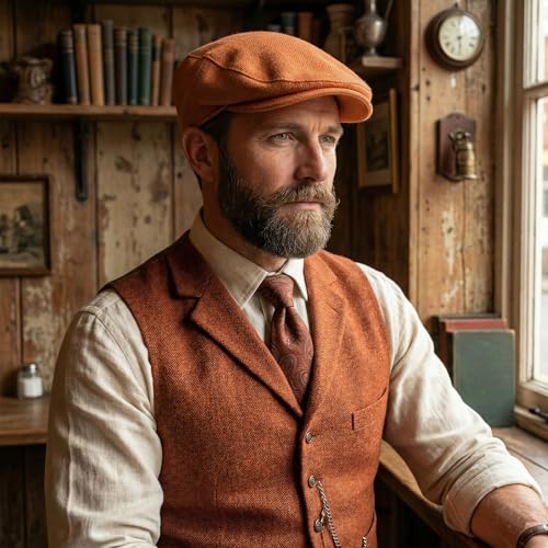 meioro Men's Faux Linen Newsboy Cap Adjustable Woven Texture Flat Cap Gatsby Hat Cabbie Ivy Newsboy Hats Driving Fishing Hat - color: Orange