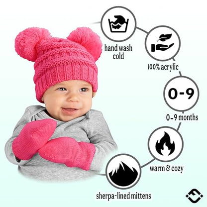 Funky Junque Baby Double Faux Fur Pom Pom Beanie & Mittens Set – Newborn Infant 0–9 Months Winter Hat with Soft Lined Mittens - color: Candy Pink (0-9 Months)