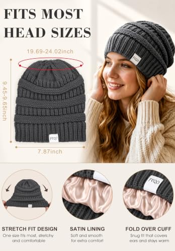FEQO 6 Pack Satin Lined Beanies Slouchy Beanie Oversized Cable Knit Caps - color: Black, Light Grey, Beige, Oatmeal, White, Pink