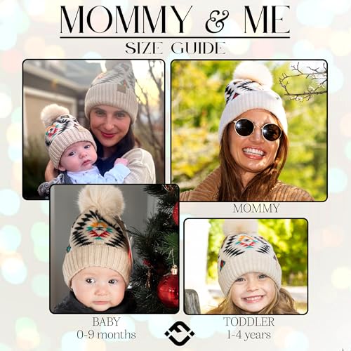 Funky Junque Mommy & Me Pom Pom Beanies Set – Infant Baby & Mom Matching Winter Outfits, Warm Newborn & Women's Beanie Hats - color: Aztec - Beige