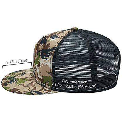 BASSDASH Flat Brim Trucker Cap Adjustable Snapback Hat Mesh Back for Men Women - color: Highland