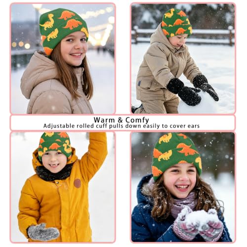 Kids Beanie Knit Hat Winter Unisex Cuffed Beanies Skull Cap Warm Double Layer Thick Acrylic Cute for Girls Boys - color: Dinosaur