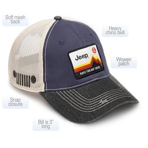 Jeep Have Fun Out There Patch Garment Washed Trucker Hat Unstructured for Men & Women - Adjustable Snapback Baseball Cap - color: Navy Blue