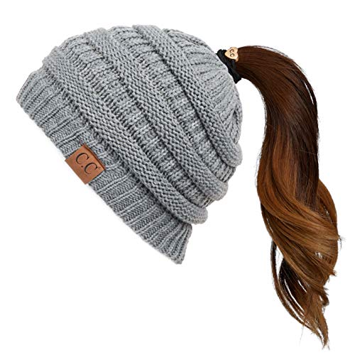 C.C Exclusives Soft Stretch Cable Knit Messy Bun Ponytail Beanie Winter Hat for Women (MB-20A) - color: Light Melange Grey