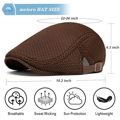 meioro Mens Breathable Mesh Summer Hat Adjustable Flat Cap Newsboy Beret Ivy Cap Irish Cabbie Fishing Hats - color: Coffee