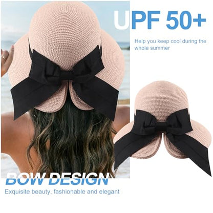 DRESHOW Sun Hats for Women Travel Fedora Foldable Beach Sun Hat Summer Wide Brim Straw Bucket Hat with Bowknot UPF 50+ - color: 1 Pack With Bowknot: Nude Pink