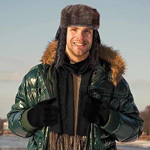 Zhehao Winter Trapper Hat Gloves Scarf Set for Men Waterproof Plush Lined Trapper Hat Touchscreen Glove Warm Soft Scarf - color: Black