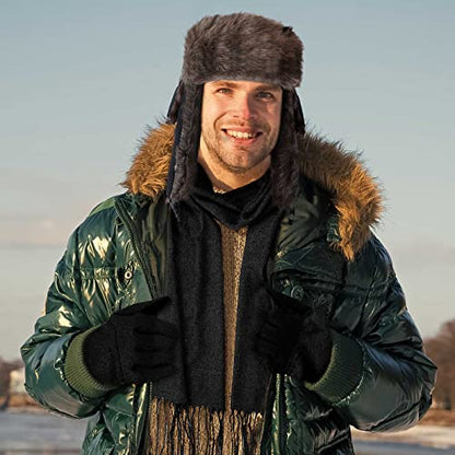 Zhehao Winter Trapper Hat Gloves Scarf Set for Men Waterproof Plush Lined Trapper Hat Touchscreen Glove Warm Soft Scarf - color: Black