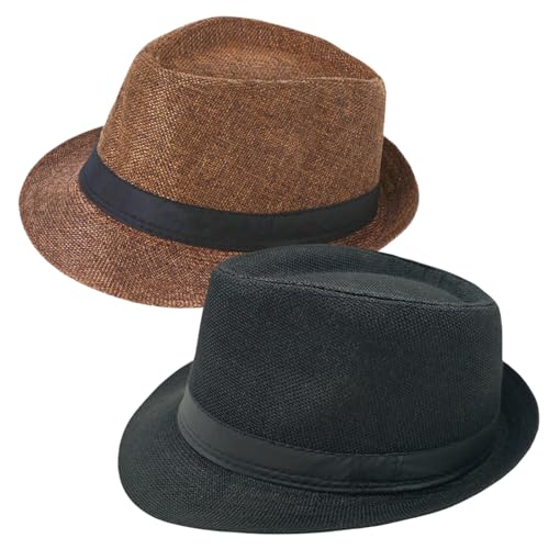 2 Pack Short Brim Fedora Classic 20s Trilby Panama Hats Summer Travel Cap for Men Women - color: Black+ Brown, size: Large-X-Large