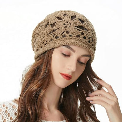 ZLYC Women Cotton Crochet Slouchy Beanie Hat Handmade Knit Summer Skull Cap - color: Crochet Khaki