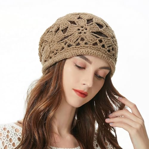 ZLYC Women Cotton Crochet Slouchy Beanie Hat Handmade Knit Summer Skull Cap - color: Crochet Khaki