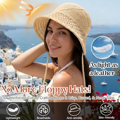 Ababalaya Women’s Lightweight Cotton Crochet Bucket Hat - color: Apricot