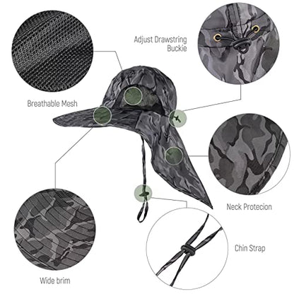 Outdoor Sun Hat for Men with 50+ UPF Protection Safari Cap Wide Brim Fishing Hat with Neck Flap, for Dad… - color: Camouflage