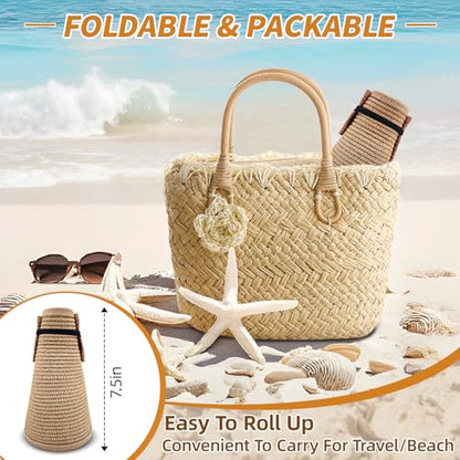 Sun Hats for Women Wide Brim Straw Sun Visors Ponytail Hat - color: Khaki