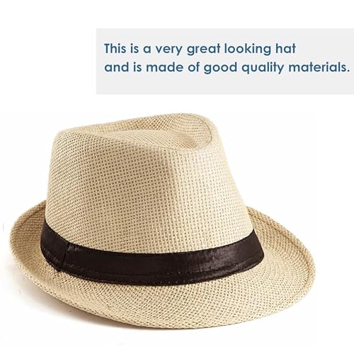 Straw Fedora Hat for Men Panama Hat Short Brim Summer Sun Hat - color: Black Belt-khaki