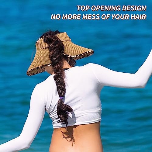 MAYLISACC Foldable Straw Sun Visors for Women, Sun Protecetion Wide Brim Sun Hats Adjustable Topless Beach Hat - color: Khaki Leopard Trim