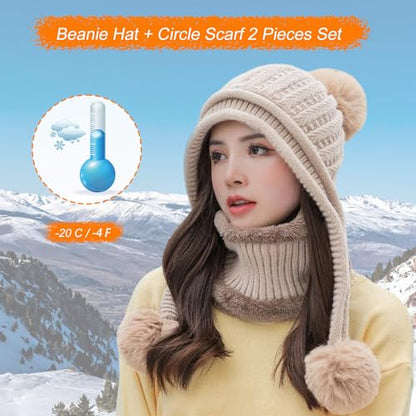 HUAMULAN Women Winter Knit Beanie Hat Circle Scarf Set Pompoms Ear Flaps - color: Khaki Solid