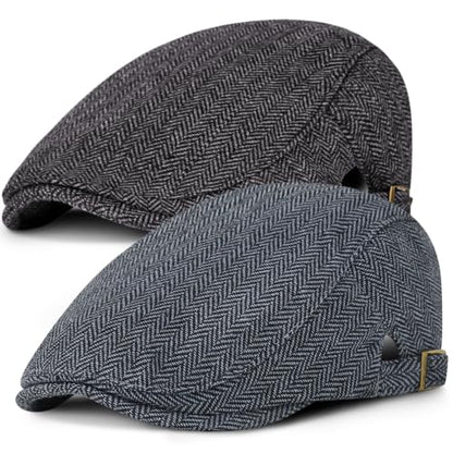 Senker Fashion 2 Pack Newsboy Cap for Men, Wool Blend Tweed Flat Cap - color: Black Blue