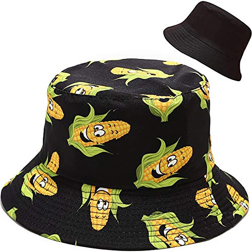 XYIYI Cute Bucket Hat Beach Fisherman Hats for Women, Reversible Double-Side-Wear - color: Corn Black