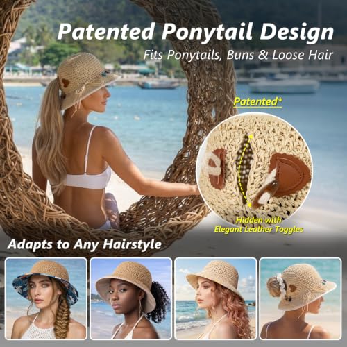 TOP-EX Ponytail Cooling Beach Straw Sun Hat Women UV Natural L