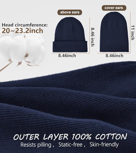 Satin Lined Beanie for Women Men, Cotton Knit Winter Beanies Hat - color: Navy Blue