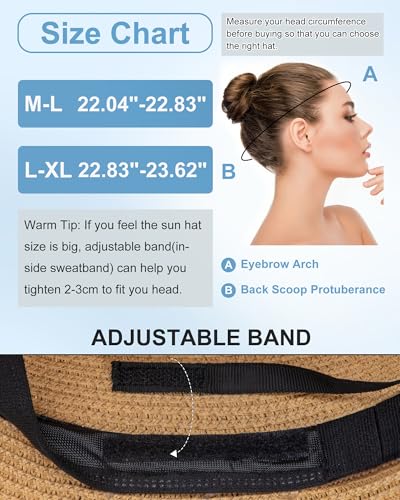 Sun Straw Hats for Women, Wide Brim Summer Beach Hat - color: Khaki Black, size: Large