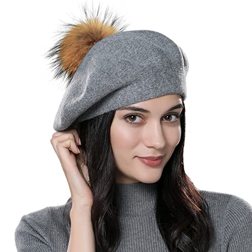 Womens Winter Beret Hat Knitted Beanie Cap Autumn Winter Hat French Classic Beret - color: Dark Grey+brown Pompom