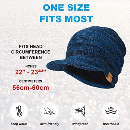 Ruphedy Mens Beanie with Brim Winter Hat Knitted Thick Fleece Visor Beanie - color: B319a-blue