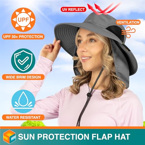 SUN CUBE Wide Brim Sun Hat for Men & Women, UPF 50+ UV Protection, Mesh Boonie Hat with Chin Strap, Fishing Hiking Hat - color: Grey With Flap