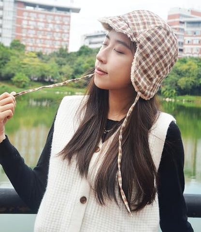 Reversible Winter Hat with Ear Flaps for Men Women Adult,Ladies Plaid Hat,Lamb Wool Lining Beanie Not for Kids - color: Plaid Beige