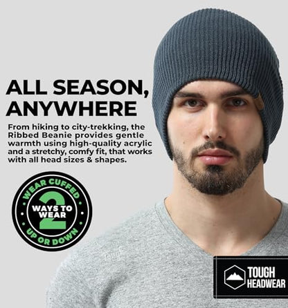 Tough Headwear Ribbed Beanie Hat - Stretch Fit Beanie for Women - Knit Winter Hats for Men - Breathable Knit Caps - color: Dark Gray