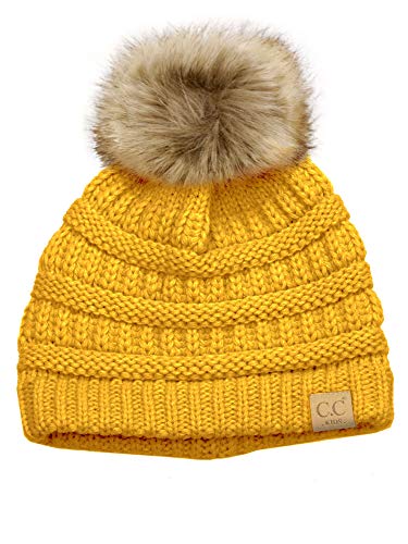 C.C Children's Kids' Soft Stretch Cable Knit Faux Fur Pom Beanie Hat - color: Mustard