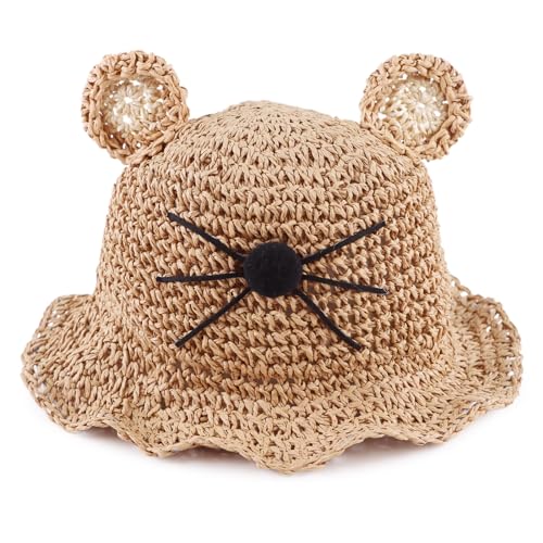JANGANNSA Baby Girl Straw Hat Outdoor Baby Sun Protection Hats Summer Bowknot Beach Cap for Infant Toddler Girls - color: Khaki Cat, size: 6-24 Months