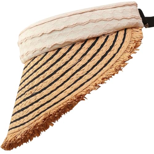 Straw Sun Visor Summer UV Protection Packable Wide Brim Beach Hat Ponytail Women - color: B-beige